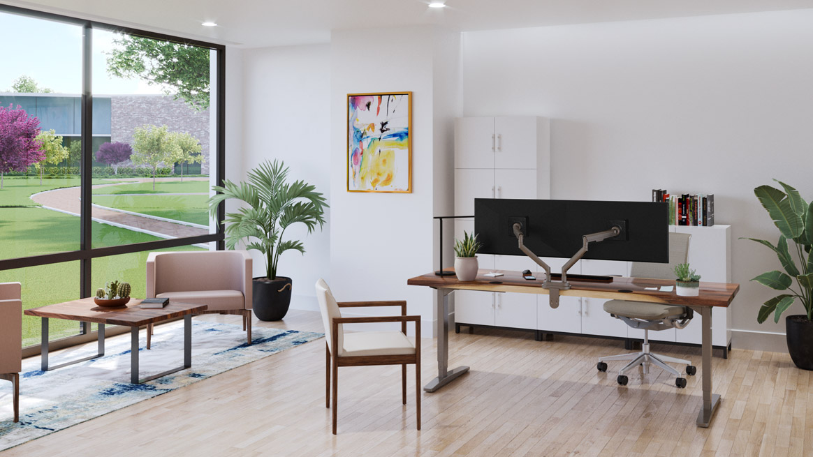 An office with a Mayes Coffee Table and two lounge chairs near the window and a standing desk
