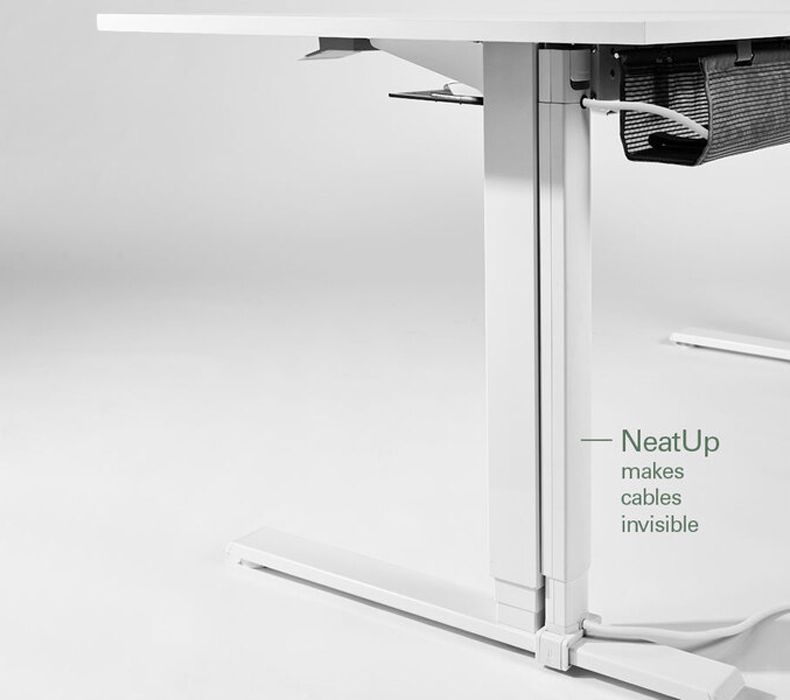 The NeatUp wire management solution shown installed on the Humanscale eFloat standing desk