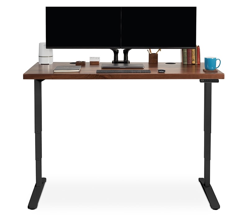 Dual Enfield Monitor Arm mounted to a 60" x 30" Walnut Solid Wood Standing Desk