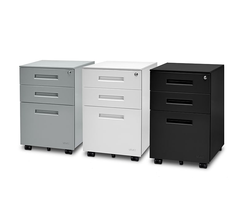 Affordable mobile pedestal solutions come in black, white, and gray colors