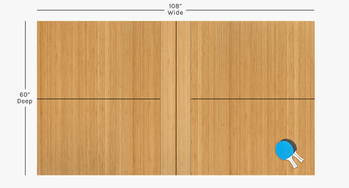 Overhead view of 60" wide, 108" long bamboo ping-pong sized conference table with 14" center leaf installed