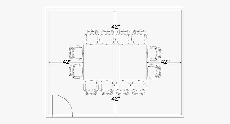 Diagram of the large conference table that can fit up to 12 people and converts to a ping-pong table