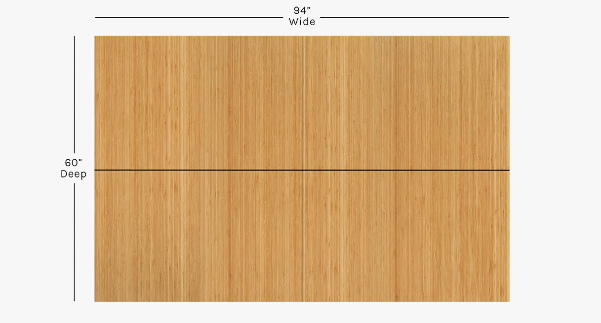 Overhead view of 60" wide, 94" long bamboo conference table without 14" center leaf installed