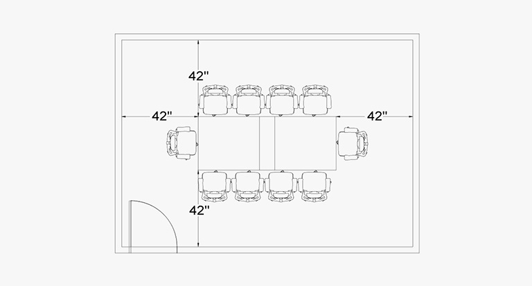 Line diagram of UPLIFT Adjustable Conference Table showing dimensions with 10 chairs - 4 on each long side and 1 at each end.
