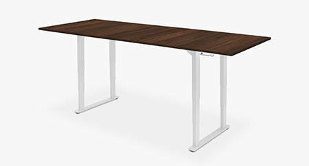 Height Adjustable Conference Table featuring Colombian Walnut laminate top on a white frame.