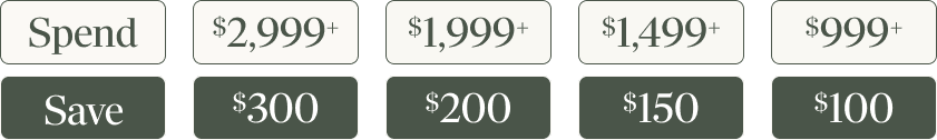 SPRING coupon code, save $300 on $2999, save $200 on $1999, save $150, save $100 on $999